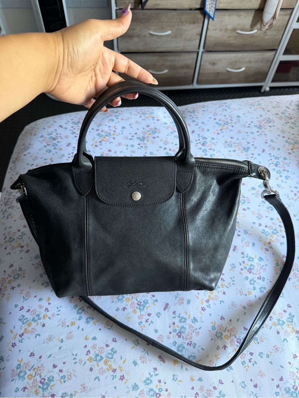 Longchamp Black Leather Top-Handle & Crossbody Satchel